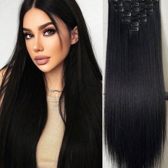 Long Clip ins Black Hair Extensiones 24 In - Picture 3 of 8